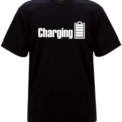 Mens Charging t-sirt with white print on a black t-shirt