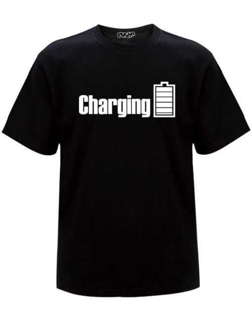 Mens Charging t-sirt with white print on a black t-shirt